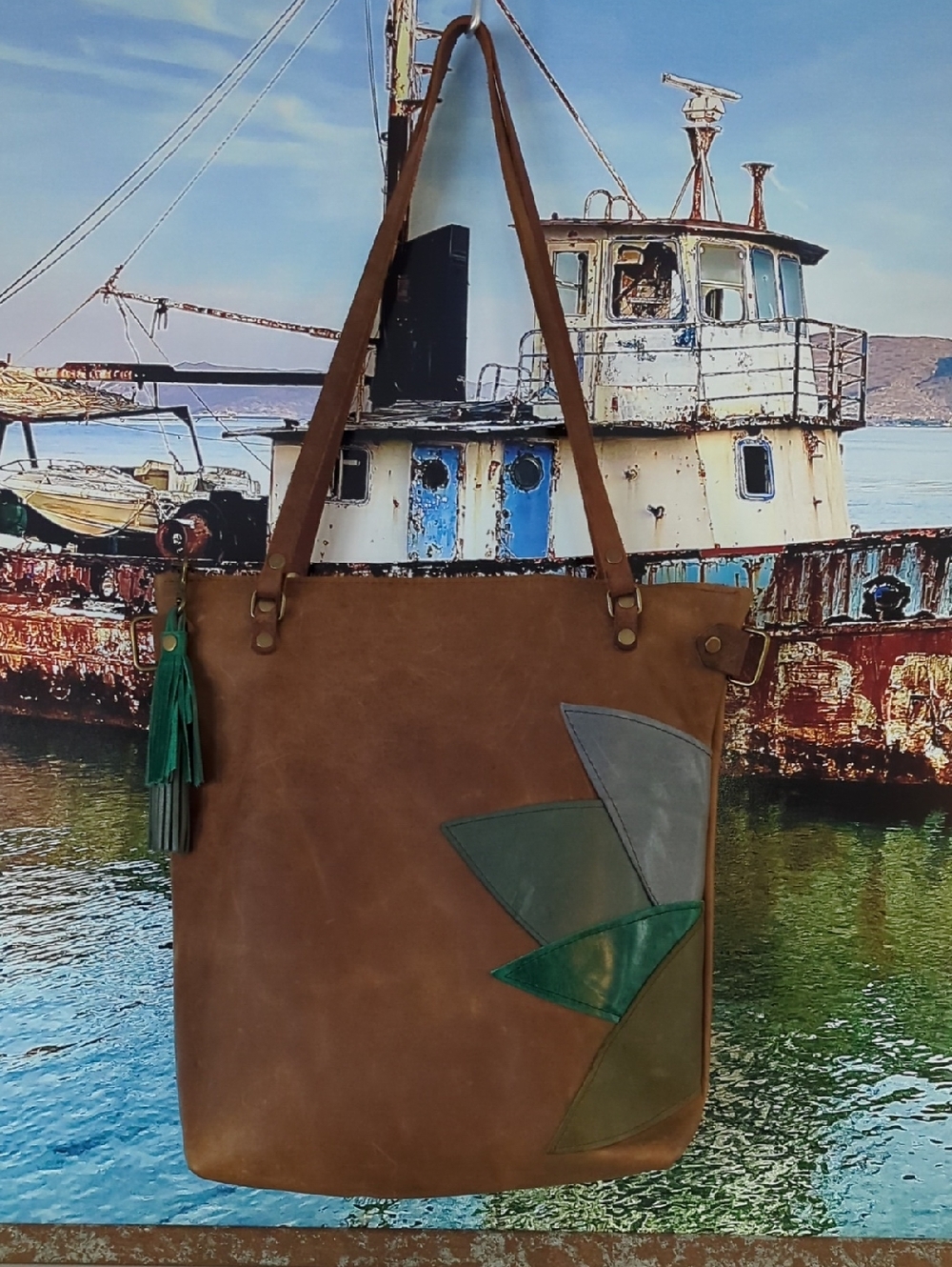 In Blue Tall Leather Shoulder Bag W/ Leather Layered Petal Design & Tassel Pull